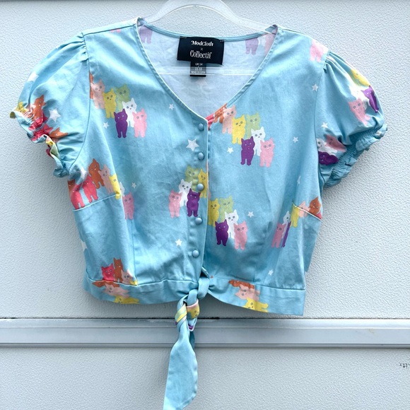 ModCloth X Collectif Cat Top Women L 10 Blue Multi Tie Button Front Puff Sleeves - Picture 2 of 13